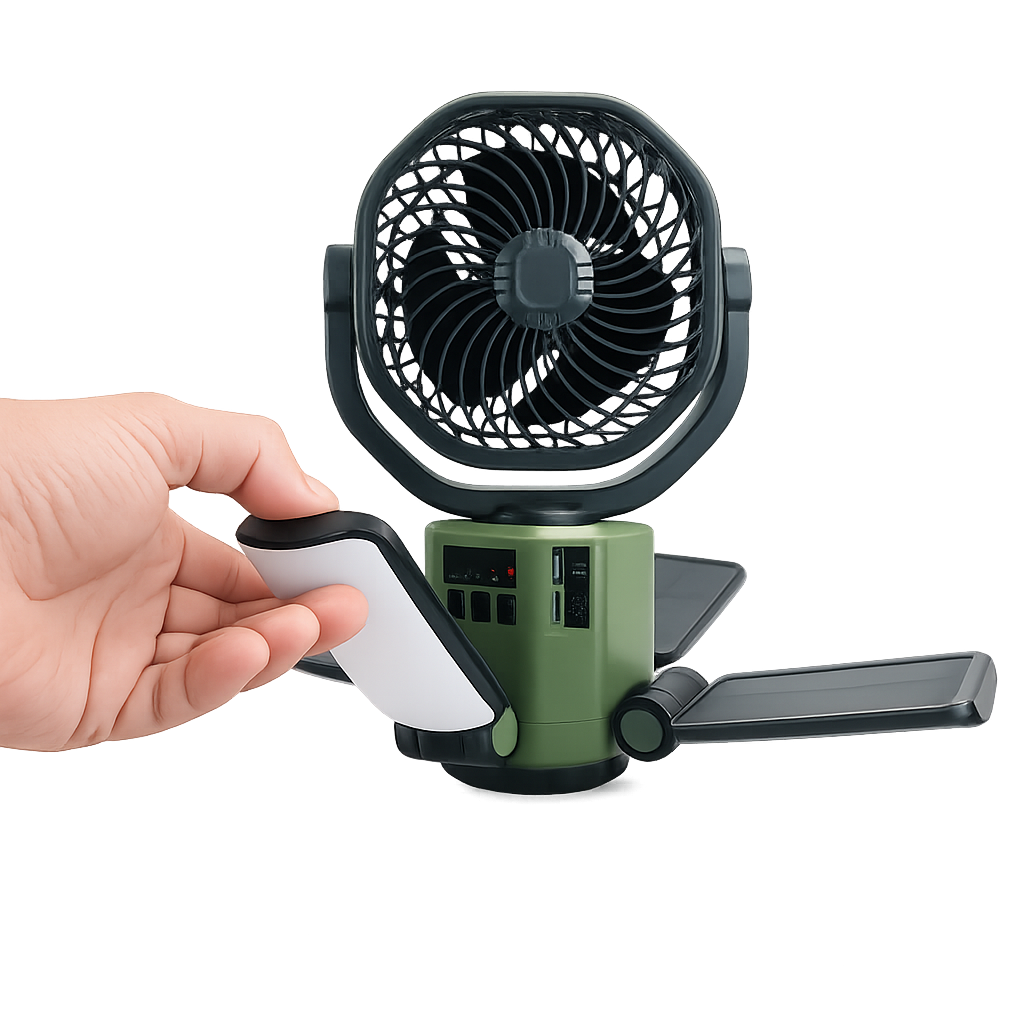 Portable Solar Fan with 6000mAh Battery, LED Camping Light, USB-C Charging & Power Bank