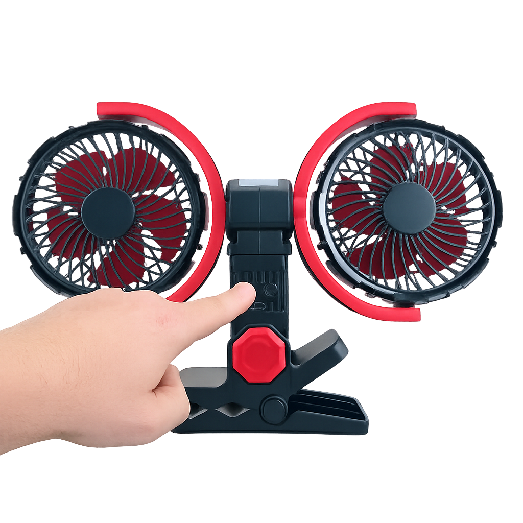 Rechargeable Clip On Fan with Dual Heads 6inch, LED Light & USB-C Charging