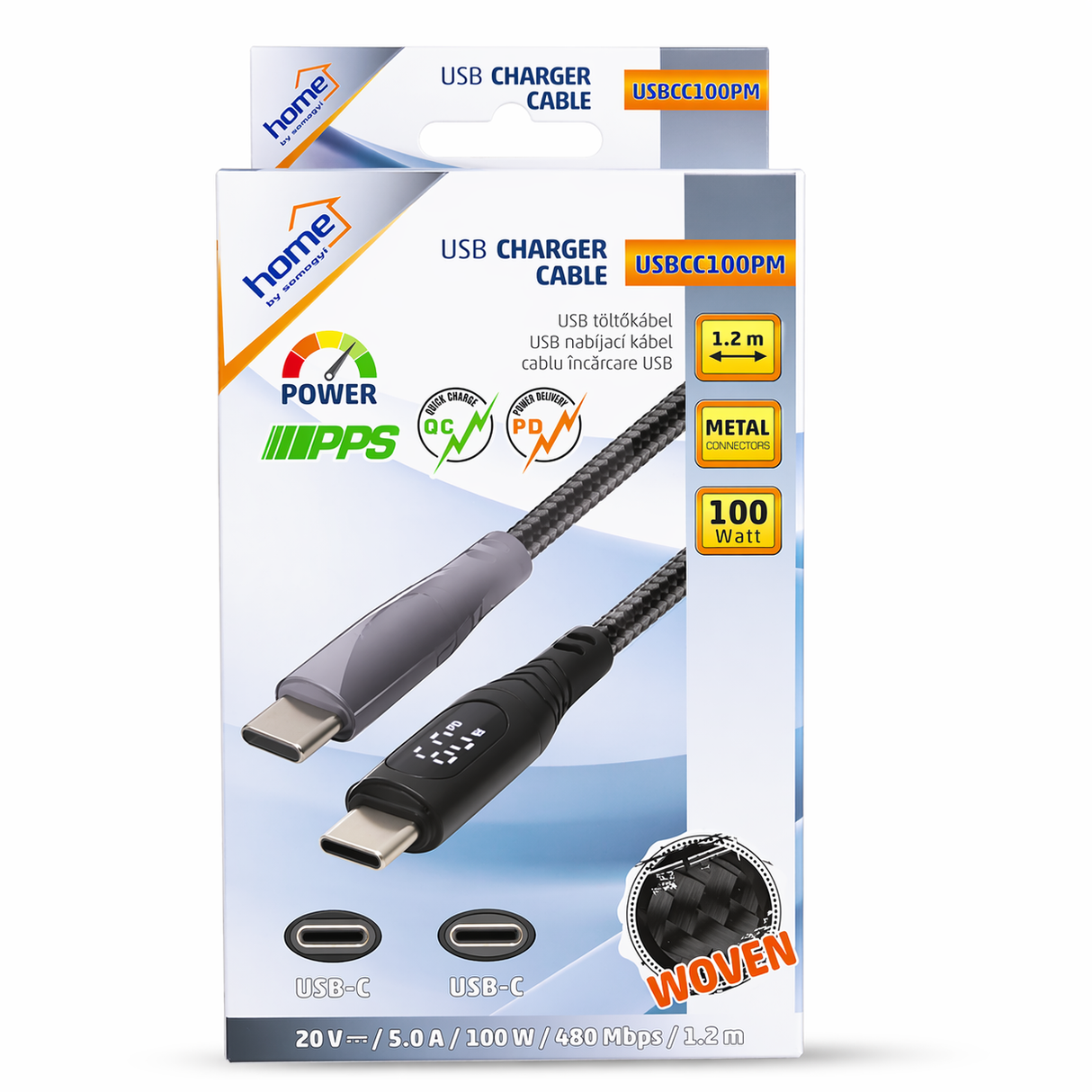 USB C kábel 100W na rýchle nabíjanie s displejom výkonu v reálnom čase, kábel Type C 1,2 m