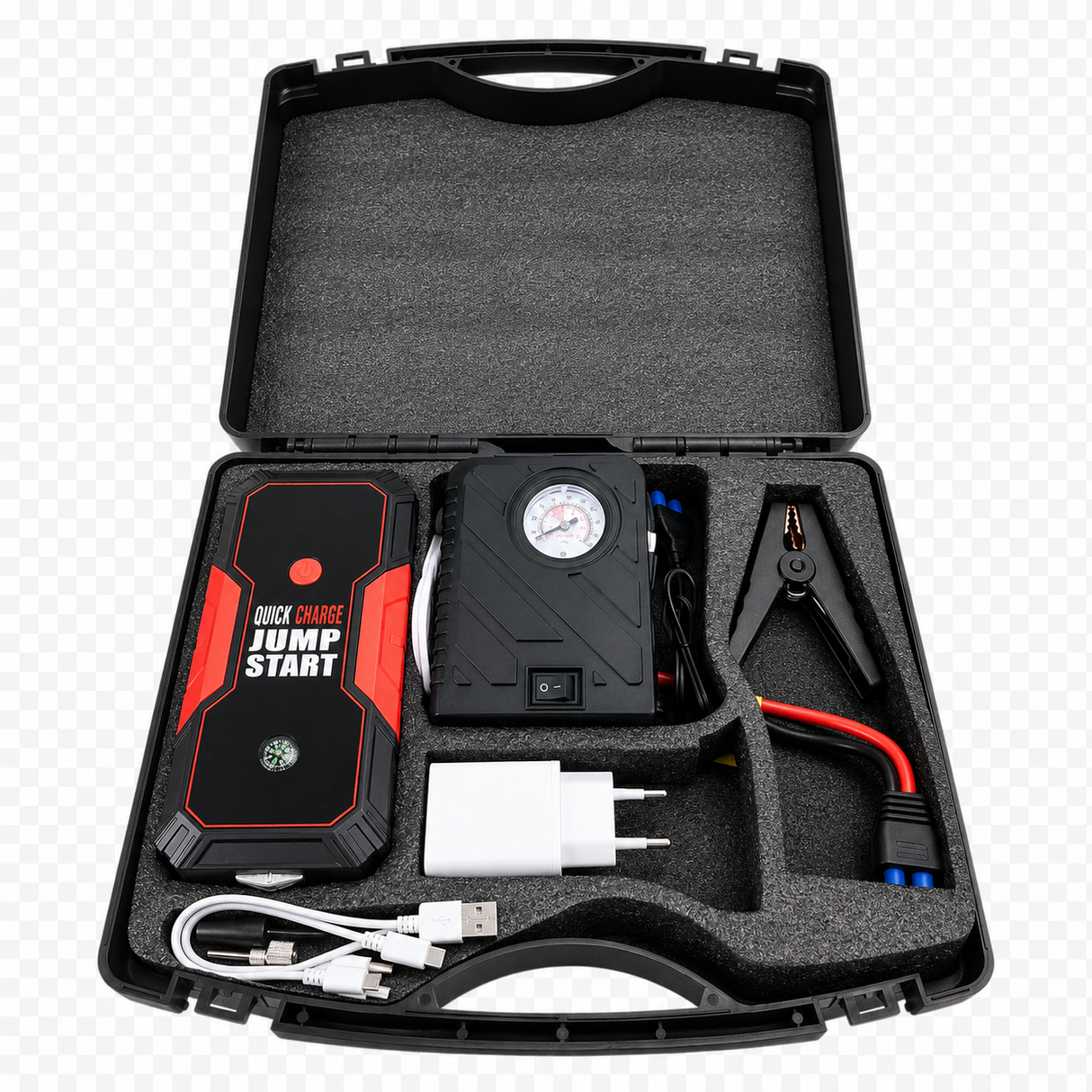 Multifunktionales 12V Starthilfe-Set mit Kompressor, USB-Ladegerät und LED-Lampe