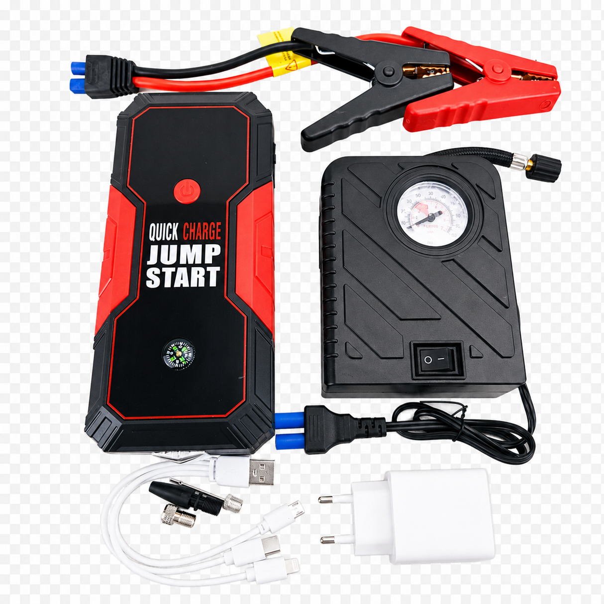 Multifunktionales 12V Starthilfe-Set mit Kompressor, USB-Ladegerät und LED-Lampe