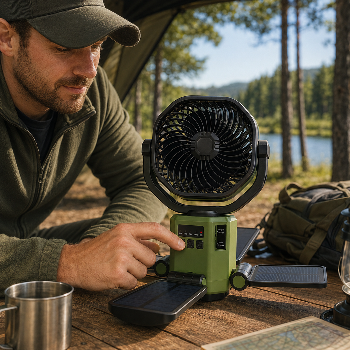 Portable Solar Fan with 6000mAh Battery, LED Camping Light, USB-C Charging & Power Bank