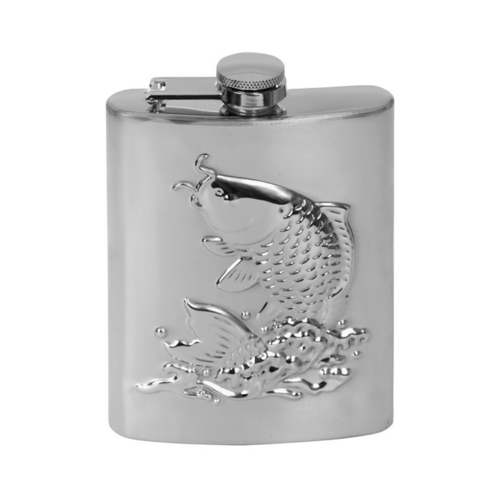 Edelstahl-Flachmann mit geprägtem Fischmotiv, 180 ml