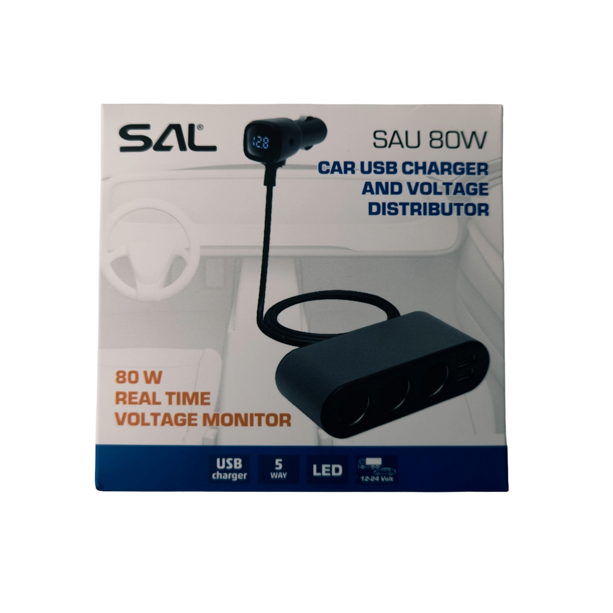 Împărțitor auto pentru brichetă cu voltmetru (3 prize + 2xUSB) 80W