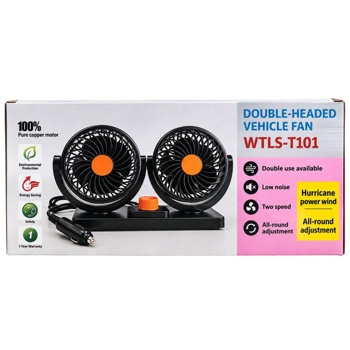 Car Fan with Dual Adjustable Heads, 2 Speeds, 2x15cm