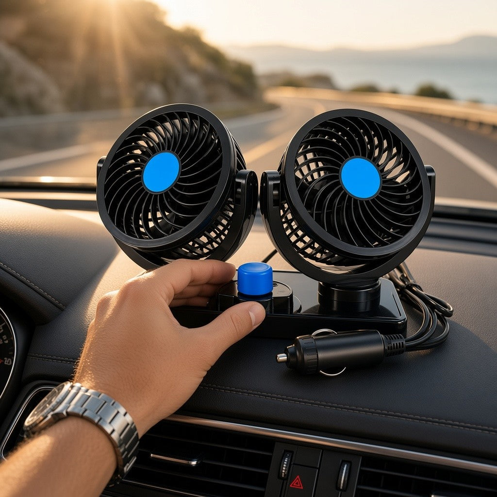 Car Fan with Dual Adjustable Heads, 2 Speeds, 2x15cm