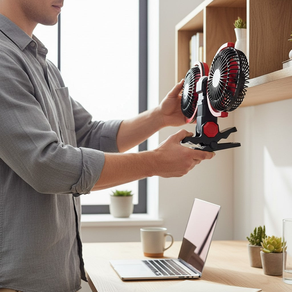 Ventilador de Clip Recargable con Doble Cabezal de 6 Pulgadas, Luz LED y Carga USB-C
