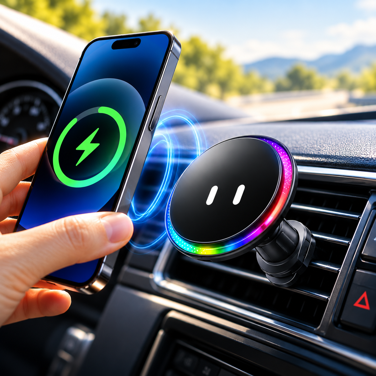 Magnetic Car Phone Holder with Wireless Charging, Active Cooling & Blinking Eyes