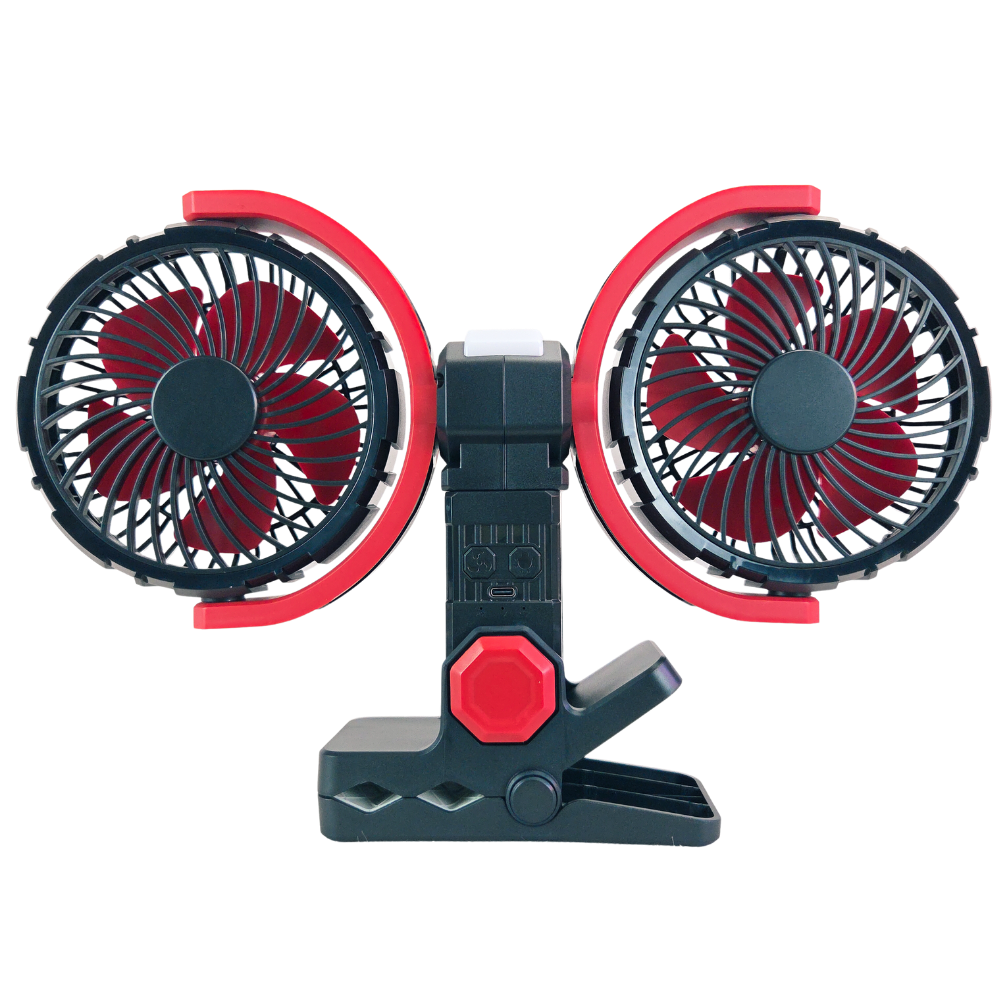 Rechargeable Clip On Fan with Dual Heads 6inch, LED Light & USB-C Charging