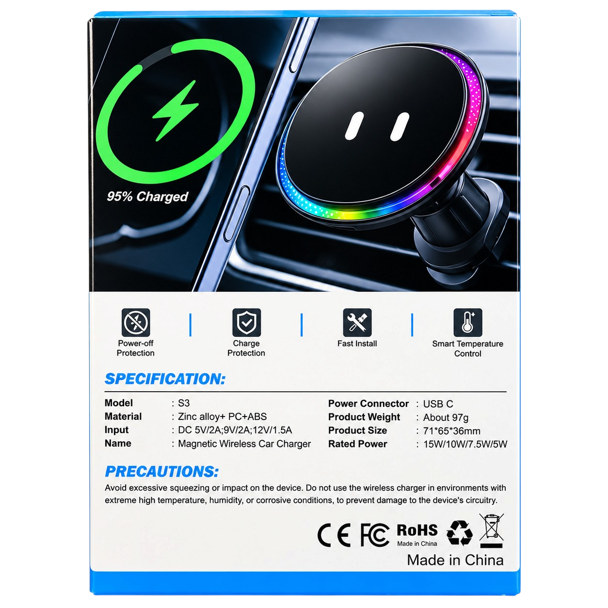 Magnetic Car Phone Holder with Wireless Charging, Active Cooling & Blinking Eyes