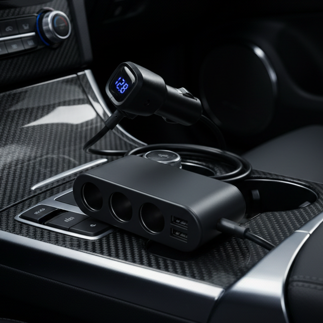 Împărțitor auto pentru brichetă cu voltmetru (3 prize + 2xUSB) 80W