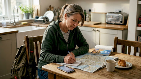 Traveler planning purposeful journey at kitchen table