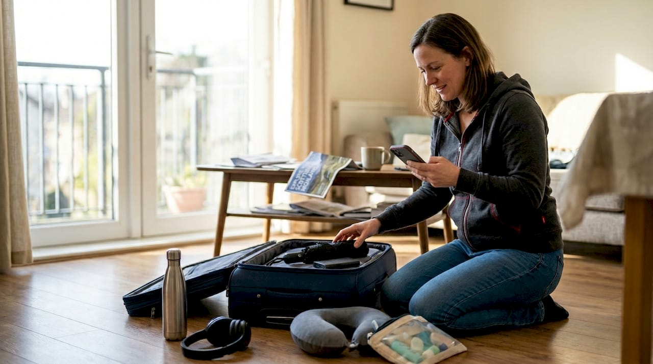 Traveller packing essential accessories at home