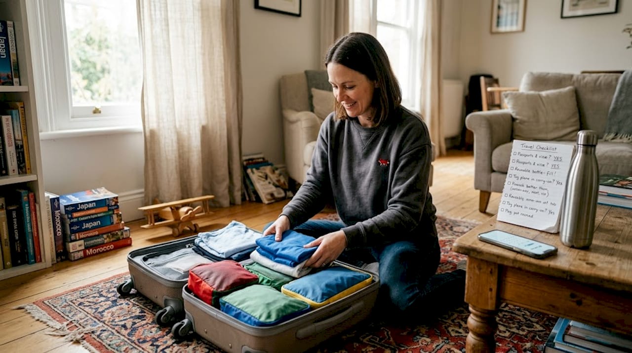 Woman packing organized suitcase in sunlit living room