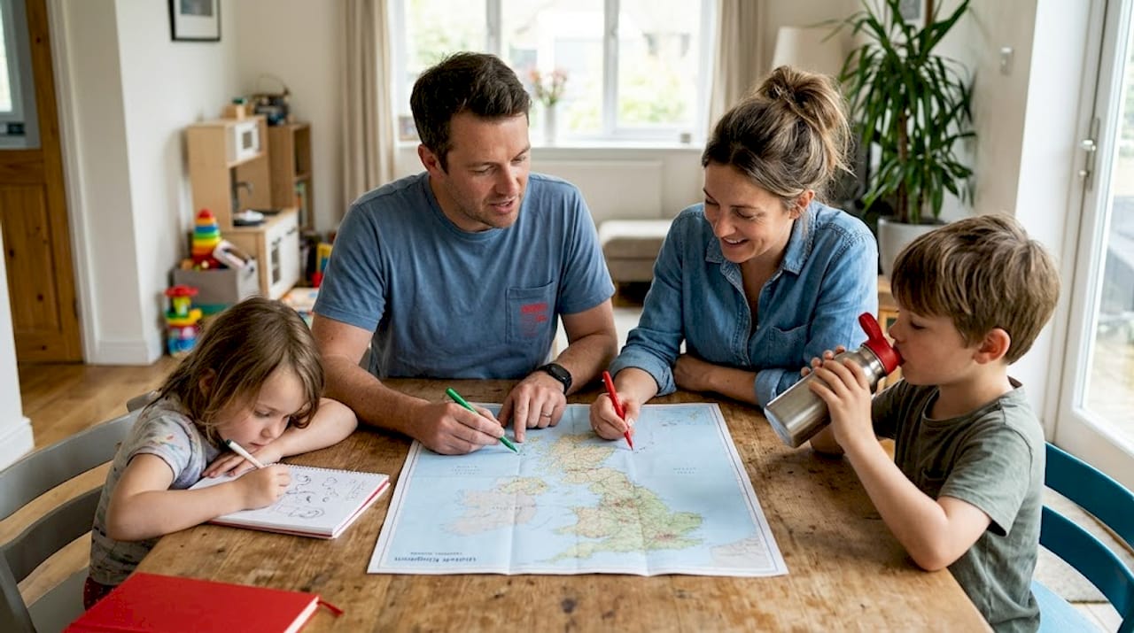 Family planning travel at home dining table