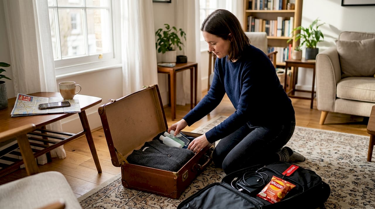 Woman organizing travel essentials at home