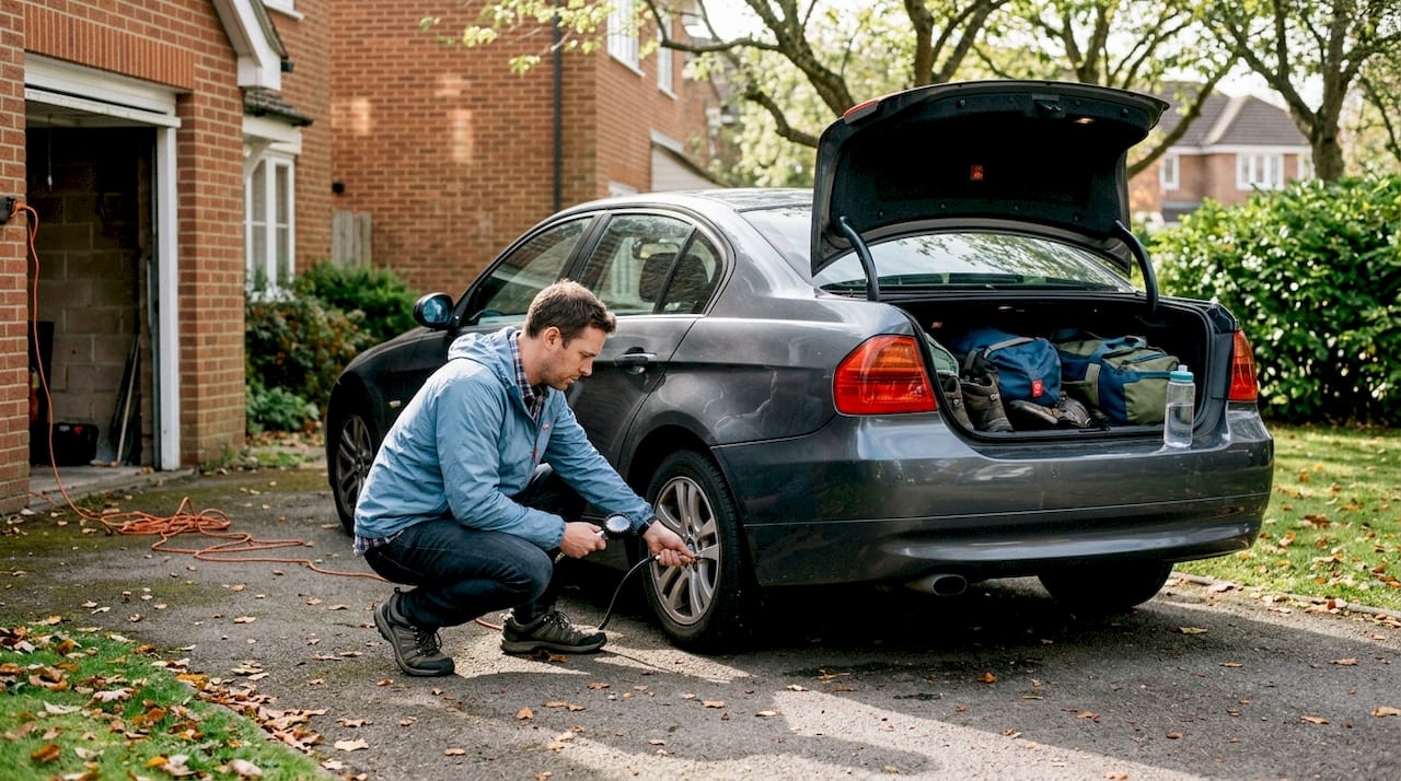 Driver checking car tires before trip