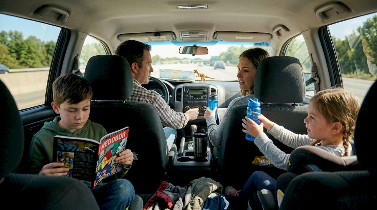 Family travelling in car with comfort essentials