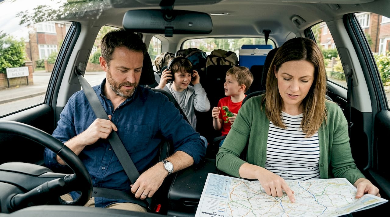 Family preparing for road trip in car