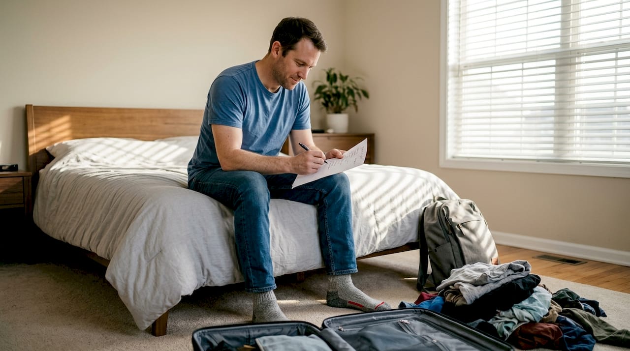 Man packing travel gear checklist on bedroom bed