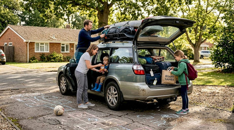 Family packing car for road trip departure
