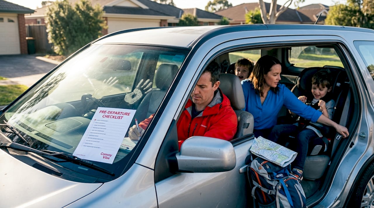 Family preparing for safe road trip in driveway