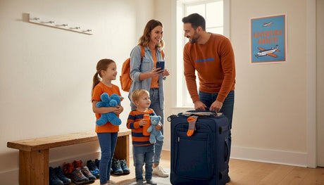Family packing together in home hallway