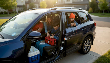 Family organizing road trip gadgets inside SUV
