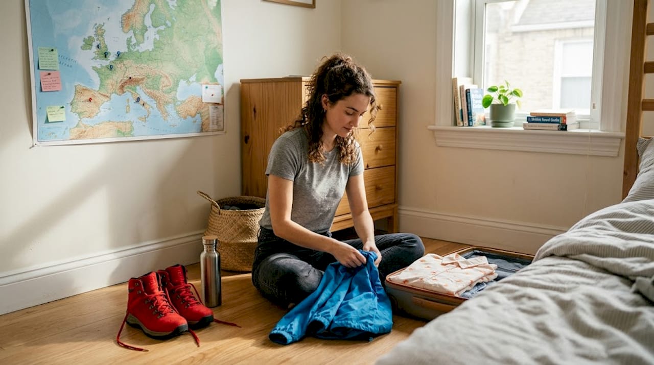 Woman packing light in sunlit bedroom