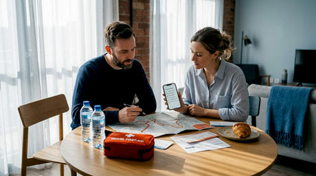 Travellers preparing safety checklist at kitchen table
