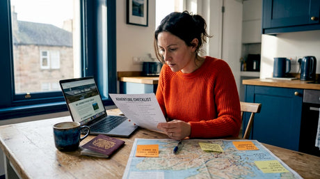 Woman planning a journey at kitchen table