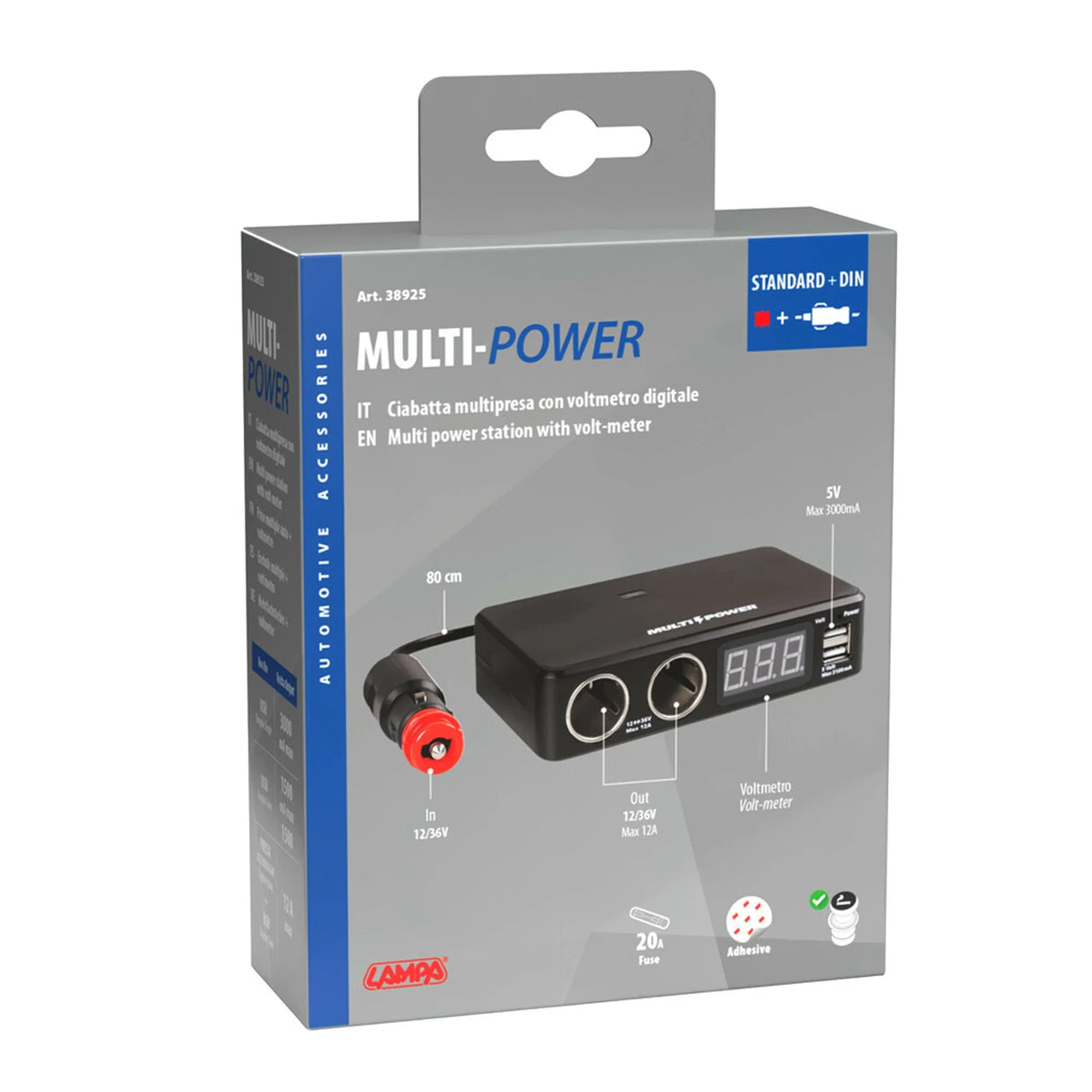 Distribuidor de Isqueiro com 2 Entradas e 2 Saídas USB + Voltímetro