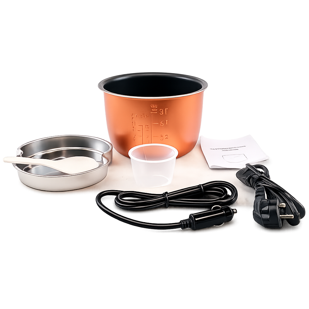 Elektrischer Reiskocher 2L – tragbar für Auto und Zuhause, 12V 24V 220V, multifunktionales Kochen