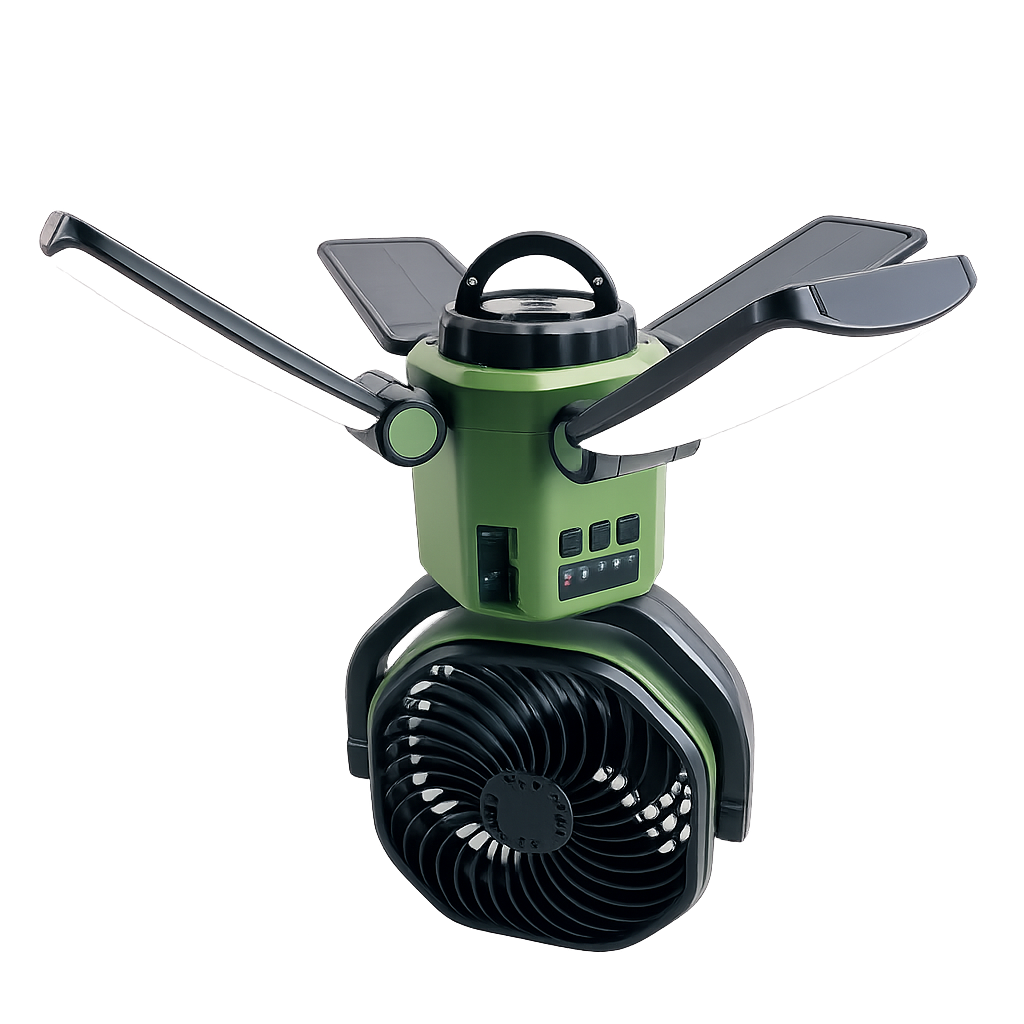 Portable Solar Fan with 6000mAh Battery, LED Camping Light, USB-C Charging & Power Bank