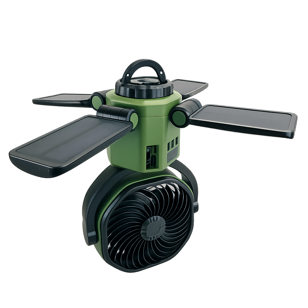 Portable Solar Fan with 6000mAh Battery, LED Camping Light, USB-C Charging & Power Bank