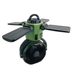 Portable Solar Fan with 6000mAh Battery, LED Camping Light, USB-C Charging & Power Bank