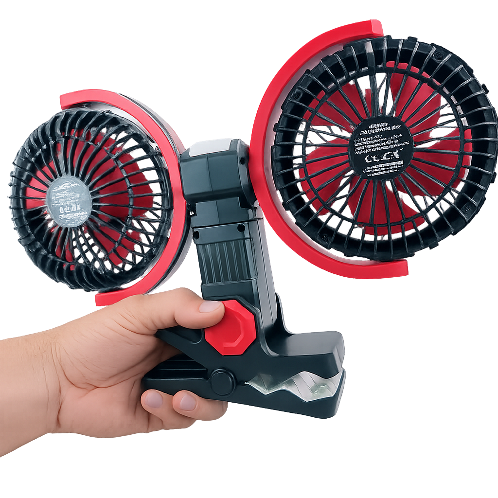 Rechargeable Clip On Fan with Dual Heads 6inch, LED Light & USB-C Charging