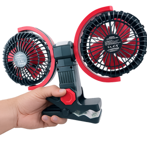 Rechargeable Clip On Fan with Dual Heads 6inch, LED Light & USB-C Charging