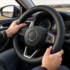 Leather Steering Wheel Cover 37–38 cm Stitch On Black Perforated Design