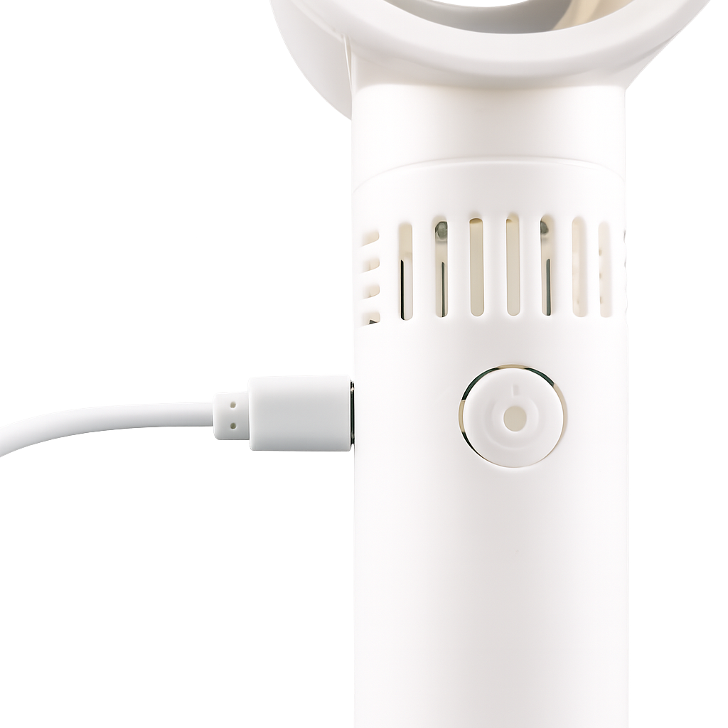 Portable handheld fan with bladeless cooling and usb charger, white