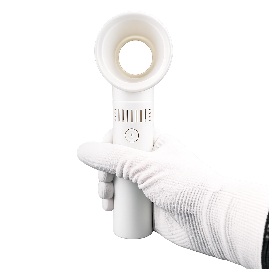 Portable handheld fan with bladeless cooling and usb charger, white