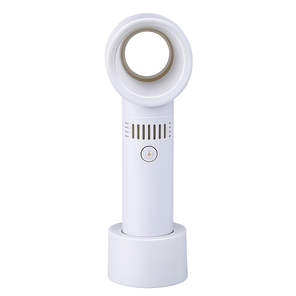 Portable handheld fan with bladeless cooling and usb charger, white