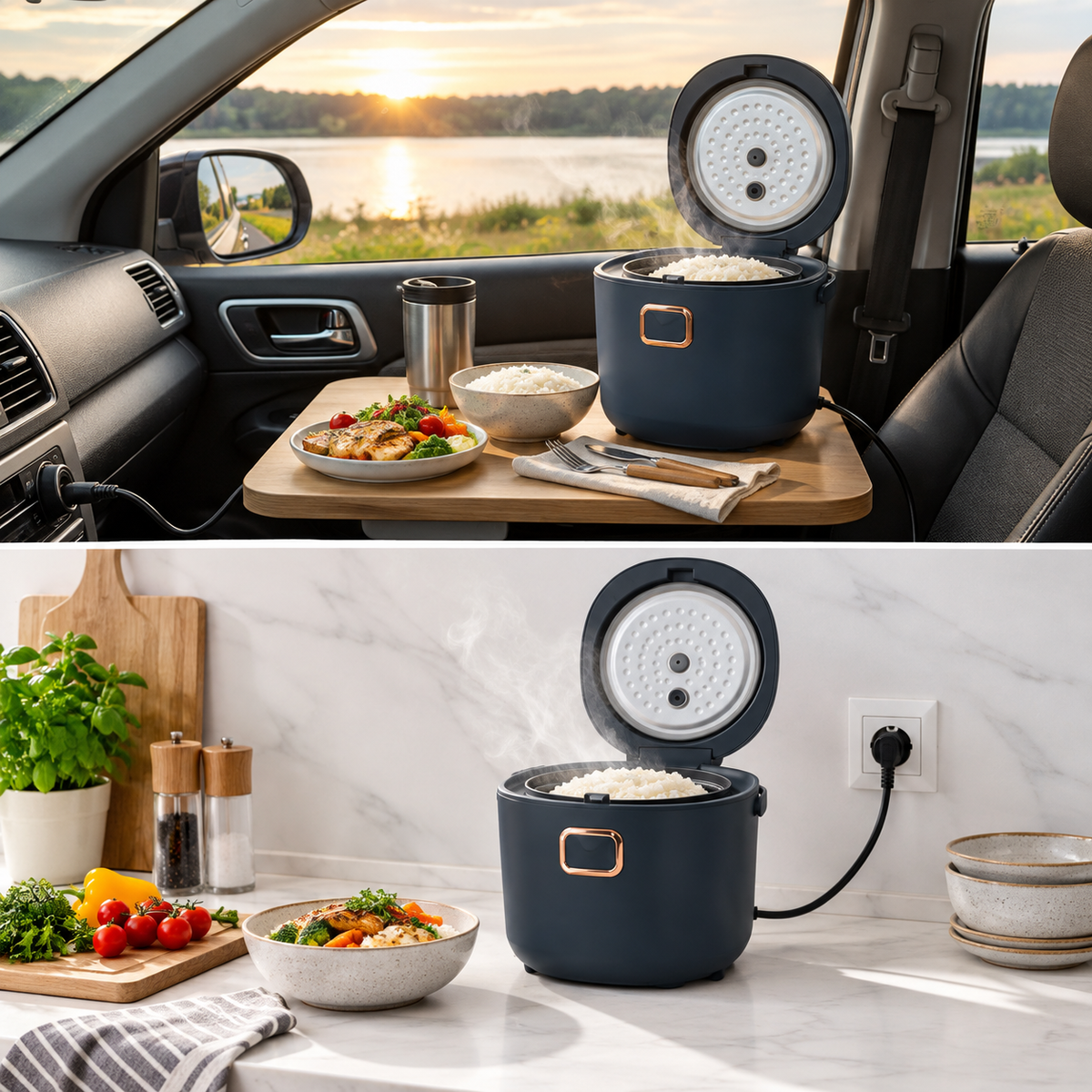 Elektrischer Reiskocher 2L – tragbar für Auto und Zuhause, 12V 24V 220V, multifunktionales Kochen