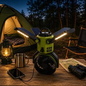 Portable Solar Fan with 6000mAh Battery, LED Camping Light, USB-C Charging & Power Bank