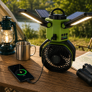 Portable Solar Fan with 6000mAh Battery, LED Camping Light, USB-C Charging & Power Bank