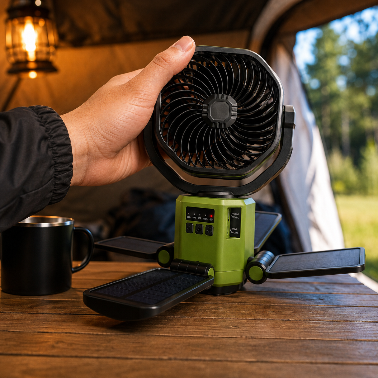 Portable Solar Fan with 6000mAh Battery, LED Camping Light, USB-C Charging & Power Bank