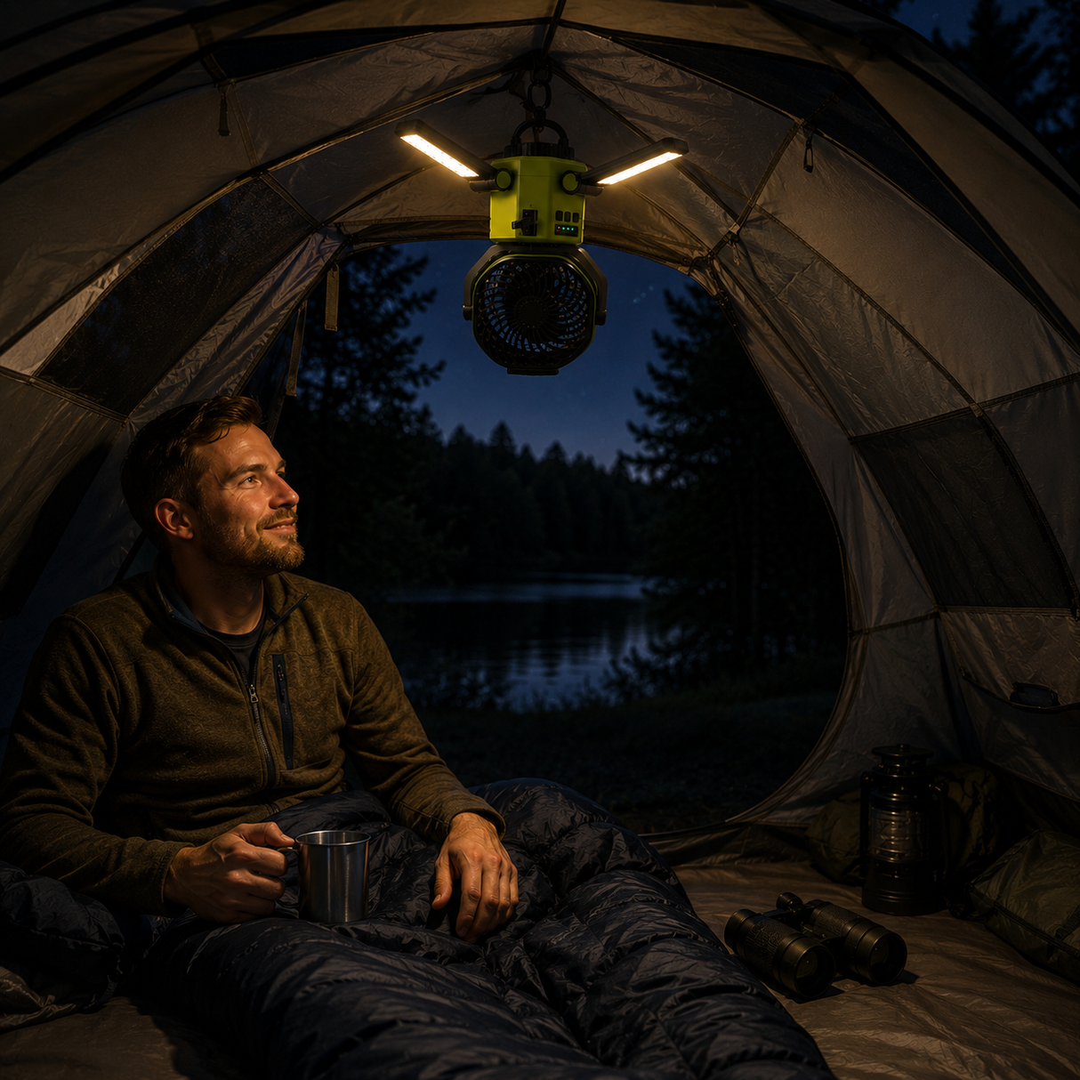 Portable Solar Fan with 6000mAh Battery, LED Camping Light, USB-C Charging & Power Bank