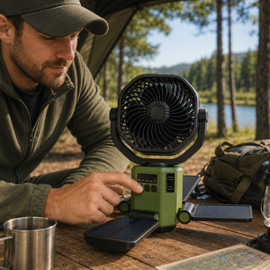 Portable Solar Fan with 6000mAh Battery, LED Camping Light, USB-C Charging & Power Bank