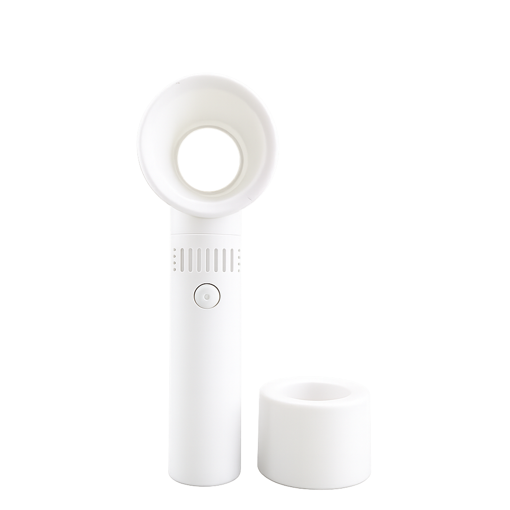 Portable handheld fan with bladeless cooling and usb charger, white