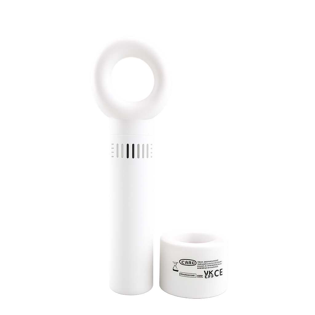 Portable handheld fan with bladeless cooling and usb charger, white